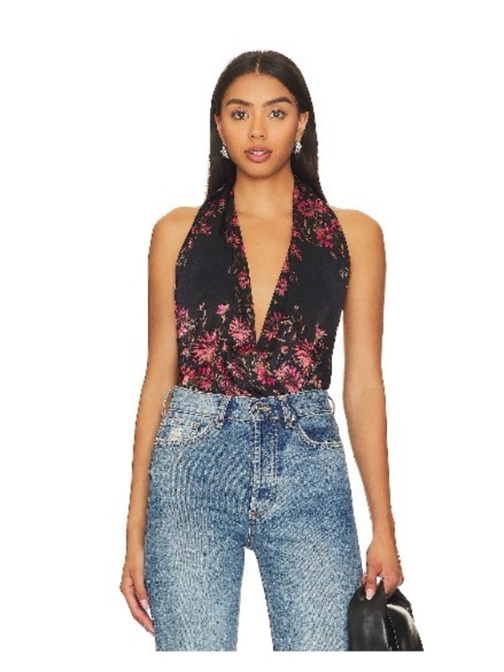 X Intimately FP There She Goes Free People Black Halter Floral Bodysuit